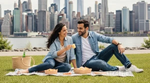 A couple enjoying a picnic at gantry plaza state park in new york city.