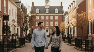 A couple exploring richmond town in new york city.