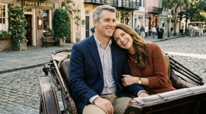 A couple enjoying a horse drawn carriage ride along omaha.