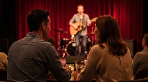 A couple enjoying an open mic night.