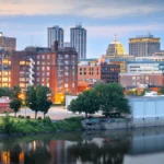 Skyline view of peoria with river in front of the city.