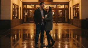 A couple standing in front of alberta rose theatre in portland.