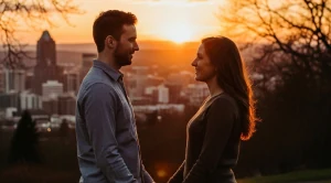 A couple standing side by site at mt tabour park enjoying the sunset.