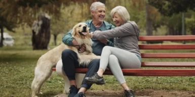A couple sitting on a park bench cuddling with their dog.