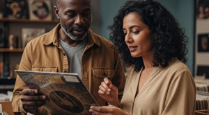 A couple looking at records in a record shop.