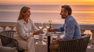 A couple having dinner at sunset with seaview.