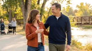 A couple strolling along boise river greenbelt at sunny weather.