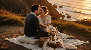 A couple enjoying a picnic at cliffs natural park while sunset.