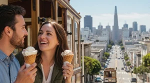 A couple riding a cable car in san francisco.