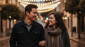 A couple enjoying a walk through a latern lit street in san francisco.