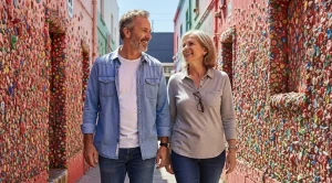A couple discovering the bubblegum alley in san luis obispo on a date.