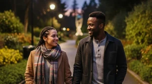 A couple walk side by side through the Olympic Sculpture Park in Seattle.