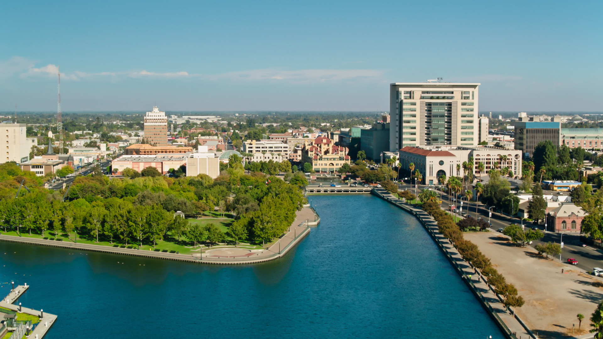 A lake and city view of stockton.