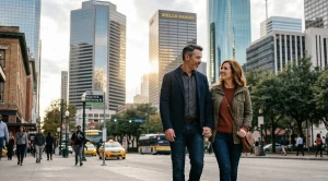 A couple strolling houston downtown hand in hand.