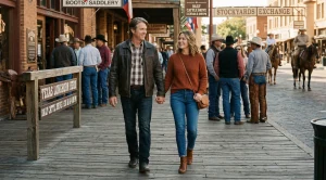 A couple hand in hand on forth worth stockyards.
