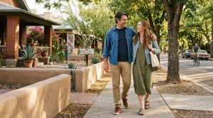A couple strolling tree lined streets in sam hughes, tucson.