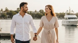 A couple strolling hand in hand at a yacht club, next to the water.